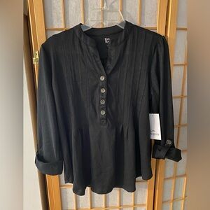 New Nwt Kim Rogers Womens Petite Small Black Popover Button Front Roll Sleeve